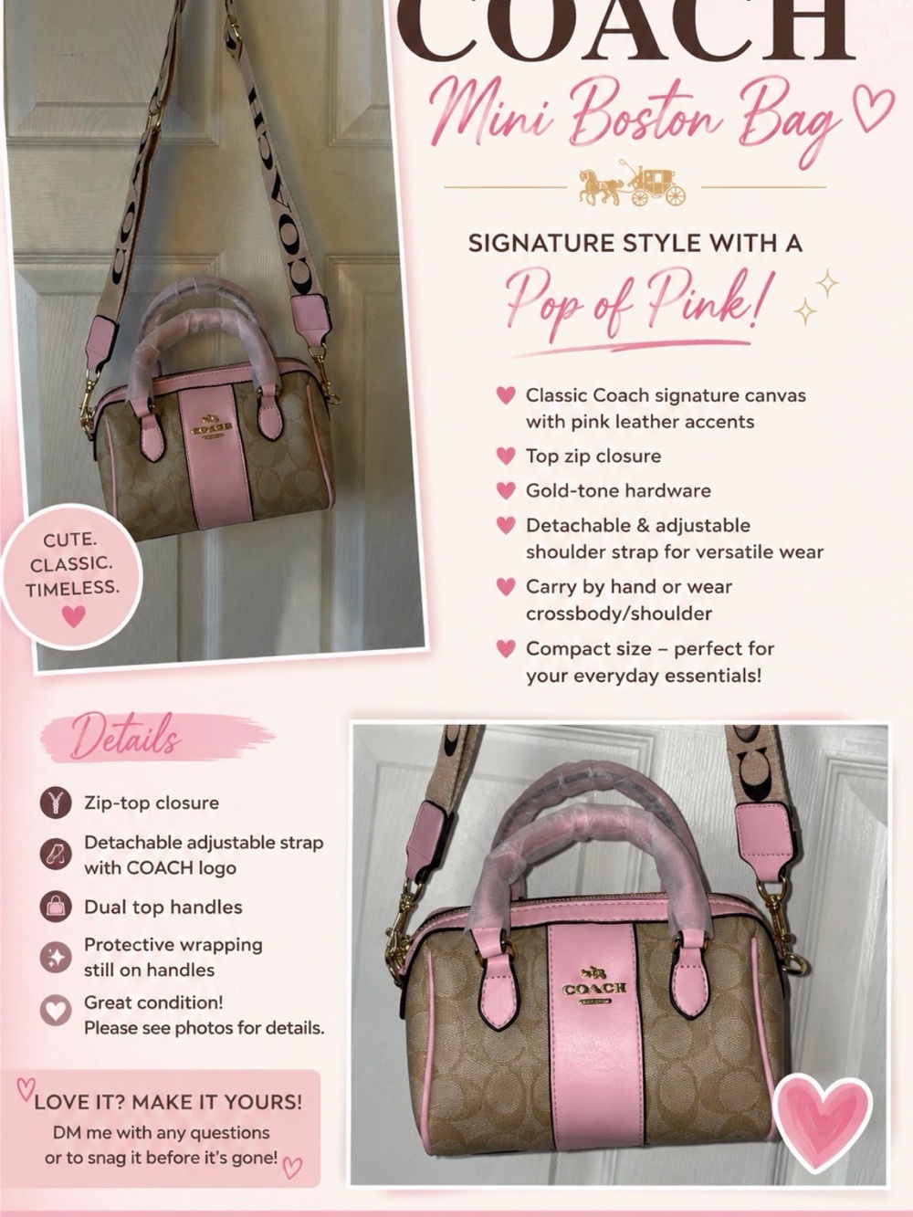 Coach Mini Boston Bag in Pink and Signature Canvas
